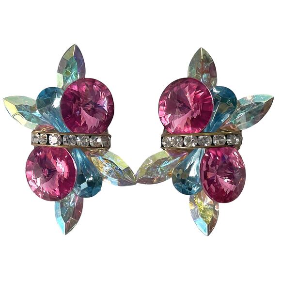 Pink & Blue Crystal Clip-On Earrings Iridescent Aurora Borealis Jeweled Cluster - Picture 3 of 3